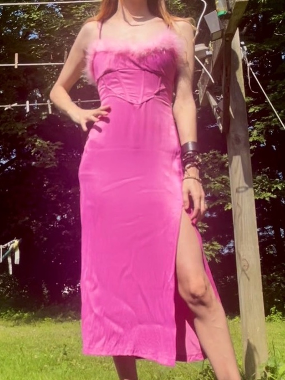 Orchid Pink Satin Midi Slip Dress